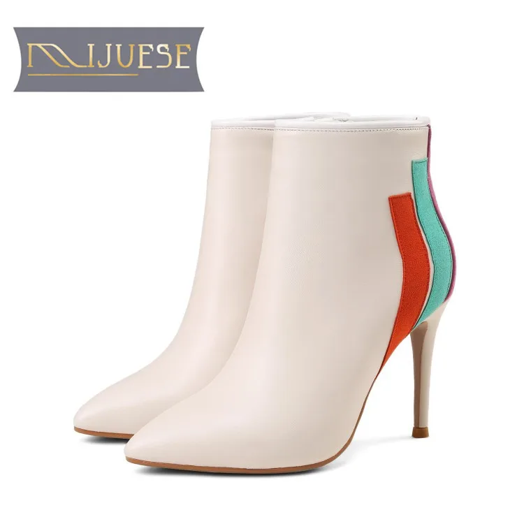 

MLJUESE 2019 women ankle boots Sheepskin mixed colors Rome style thin heel high heels boots winter short plush warm boots