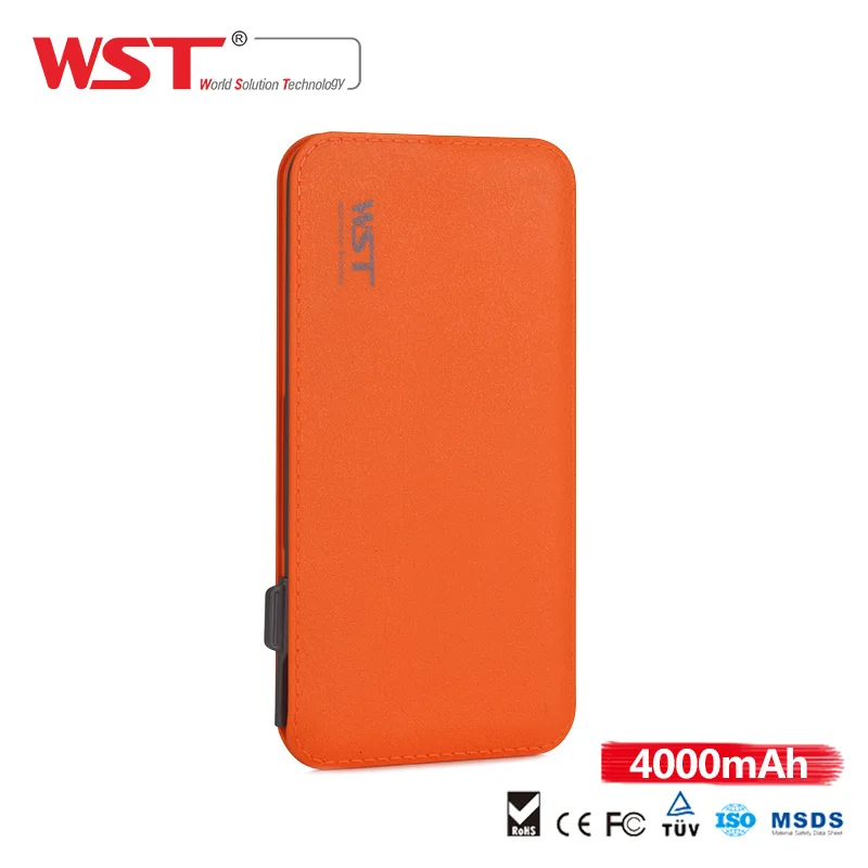 WST power Bank 4000 мАч со встроенным кабелем, портативное зарядное устройство, Красочные Ультра тонкие внешние аккумуляторы для мобильных телефонов - Цвет: Orange