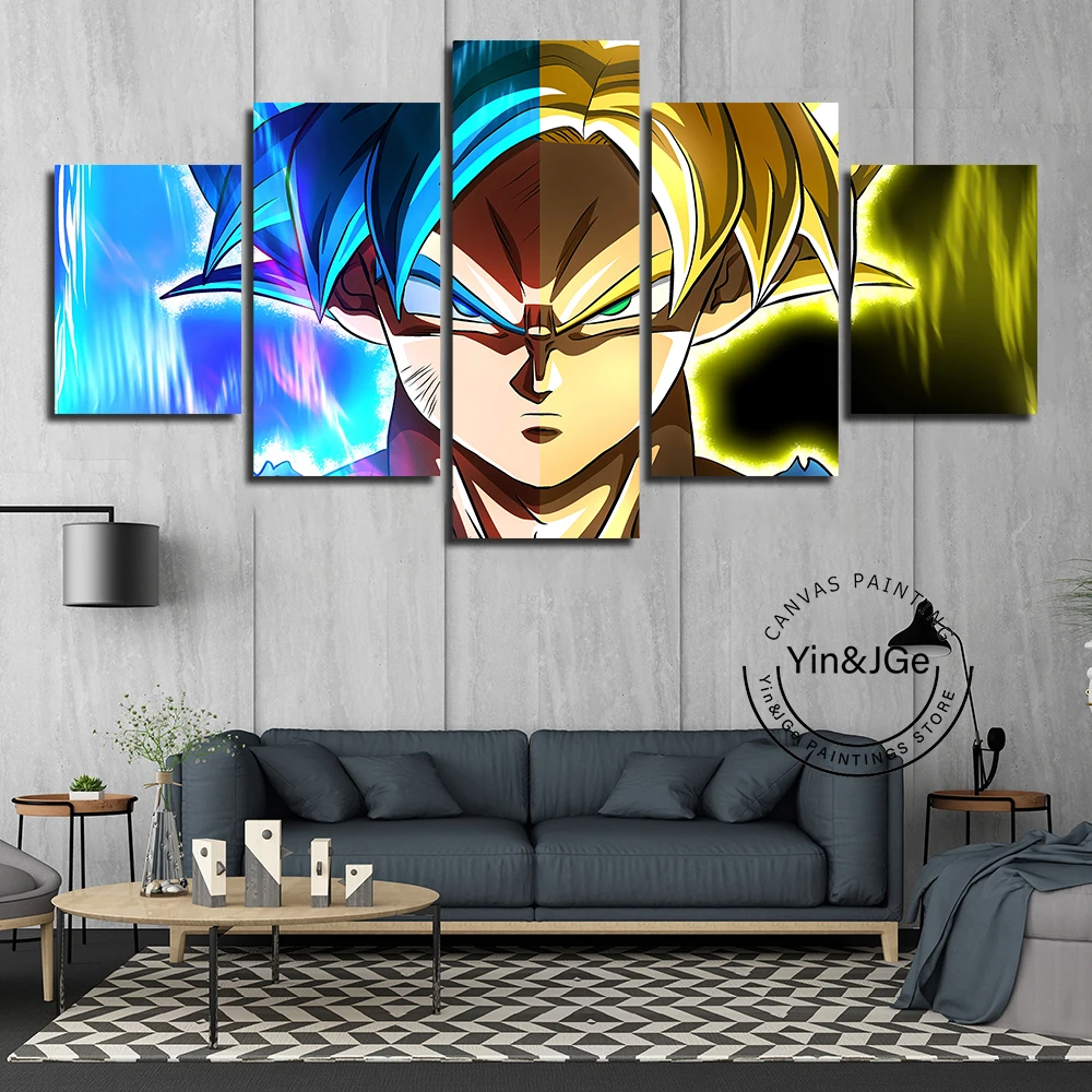 Wall Art Goku Super Canvas Prints Poster 5 Pieces Dragon Ball Hot Sale Hang Painting Modular Artworks Decor Kids Room | Дом и сад