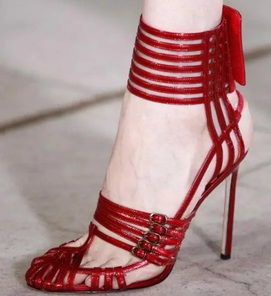 Red Evening Shoes Buckles Sexy Stiletto Heels Sandals for Prom