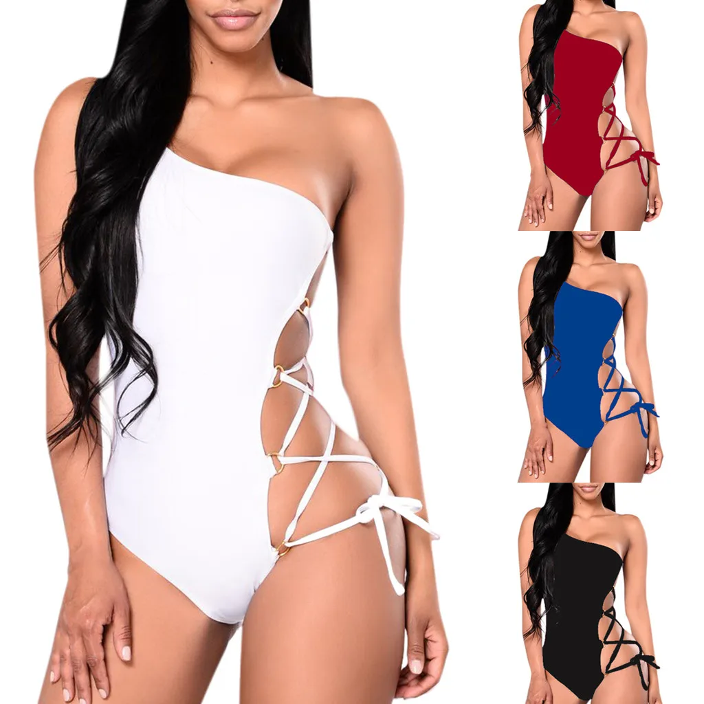 

Solid One Piece Swimsuit Female High Waist Swimwear Women's Hollow One Shoulder Hoop Decorated Solid Color