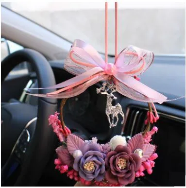 Счастливый олень Шарм автомобиль кулон Роза цветок зеркало заднего вида висячие украшения автомобиля авто отделка интерьера Weding подарки - Название цвета: Rose Red