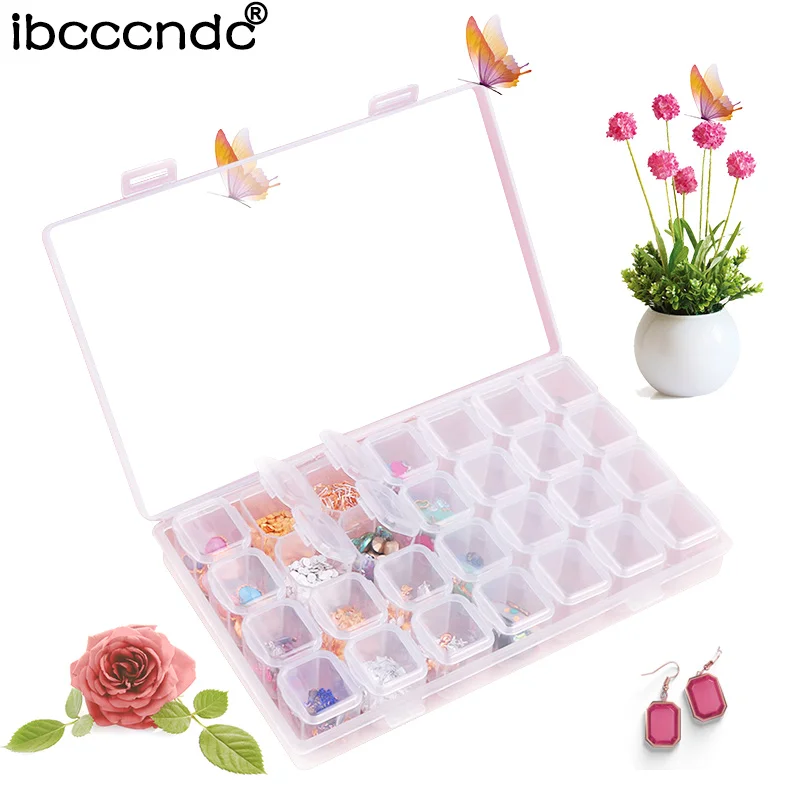 

28 Slots Storage Box Clear Nail Art Rhinestones Tool Jewelry Beads Display Empty Clear Plastic Storage Box Case Organizer Holder