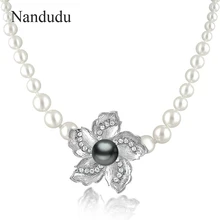 Nandudu White Gray Faux Pearl Necklace Flower Pendant White Clear Crystal Chain Necklaces Female Women Jewelry Gift N29