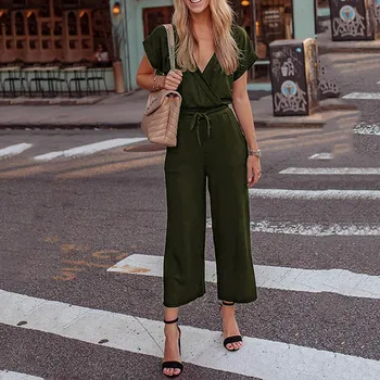 

Sexy V Neck Women Summer Solid Streetwear Bandage Jumpsuits Female Casual Short Sleeve Rompers European Style Jumpsuits SJ2767M