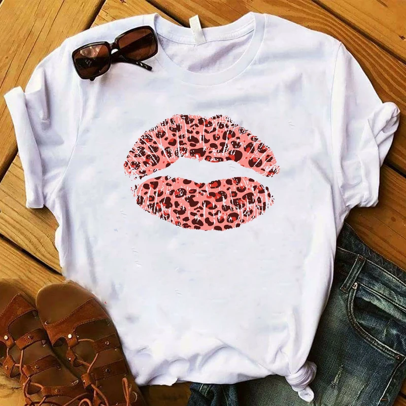 Женская футболка, губы, любовь, леопард, розовая, модная, летняя, для женщин, с графическим принтом, топ, короткий рукав, футболка для женщин, женская, s футболка - Цвет: GJS8832