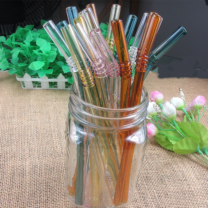 5Pcs/set Colorled Glass Straw Reusable Drinking Straws Glass set with Brush bag Bent Curved Glass Straws For Smoothies Juice Tea