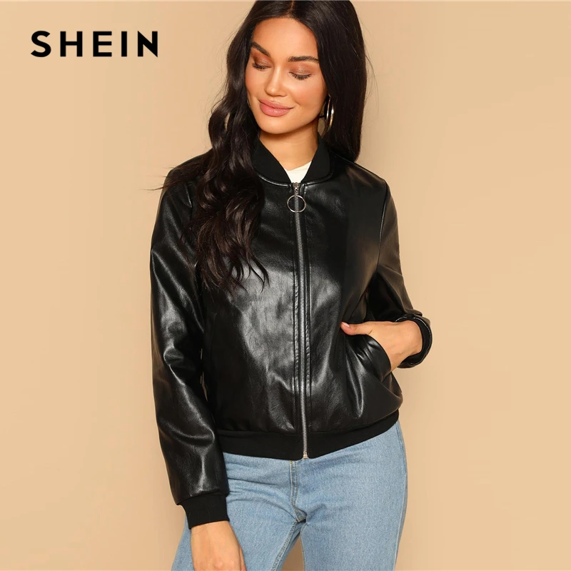 SHEIN Искусственный Кожаный Жакет Бомбер На Молнии Кожаная Куртка Из Эко