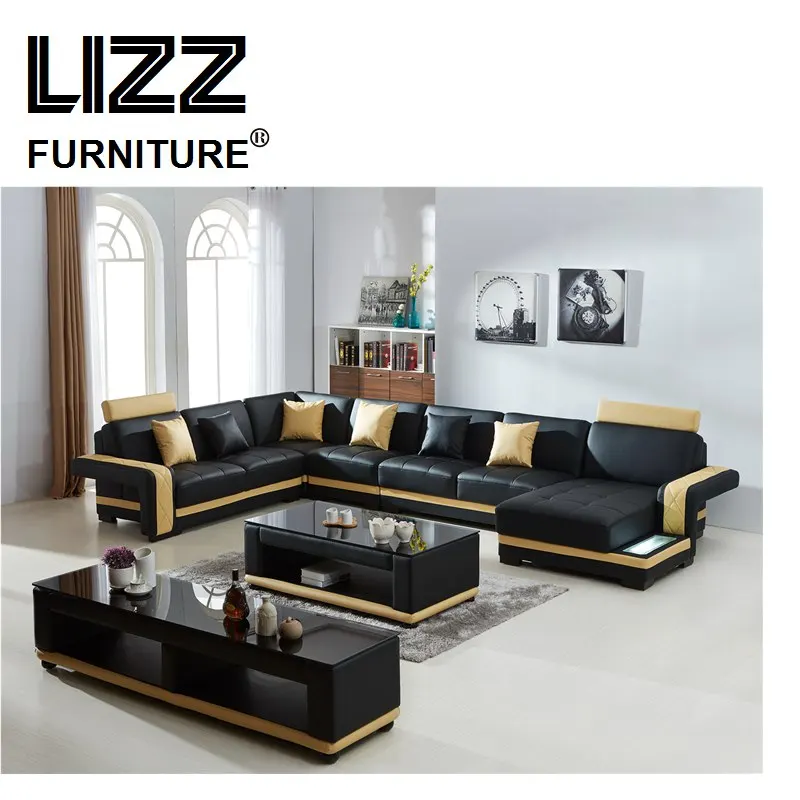 New Design--modern Creative U Shape Genuine Leather Sectional Sofa modular lounge furniture living room sofa set with LED light