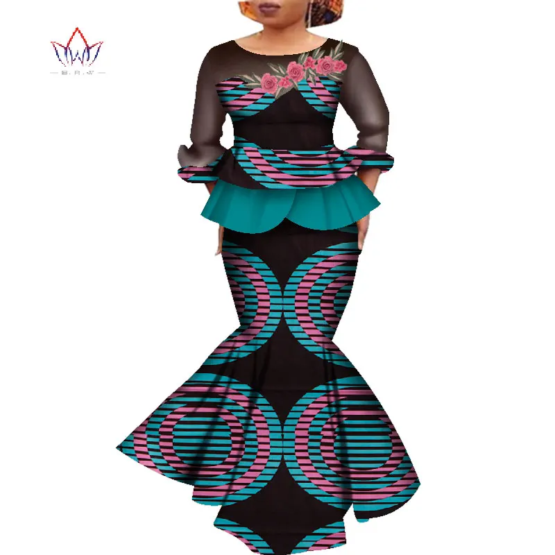 Африканский Дашики печати платье укороченный топ и юбка набор вечерние свадебные платья с длинными рукавами африканская женская одежда длинная юбка комплект WY4575