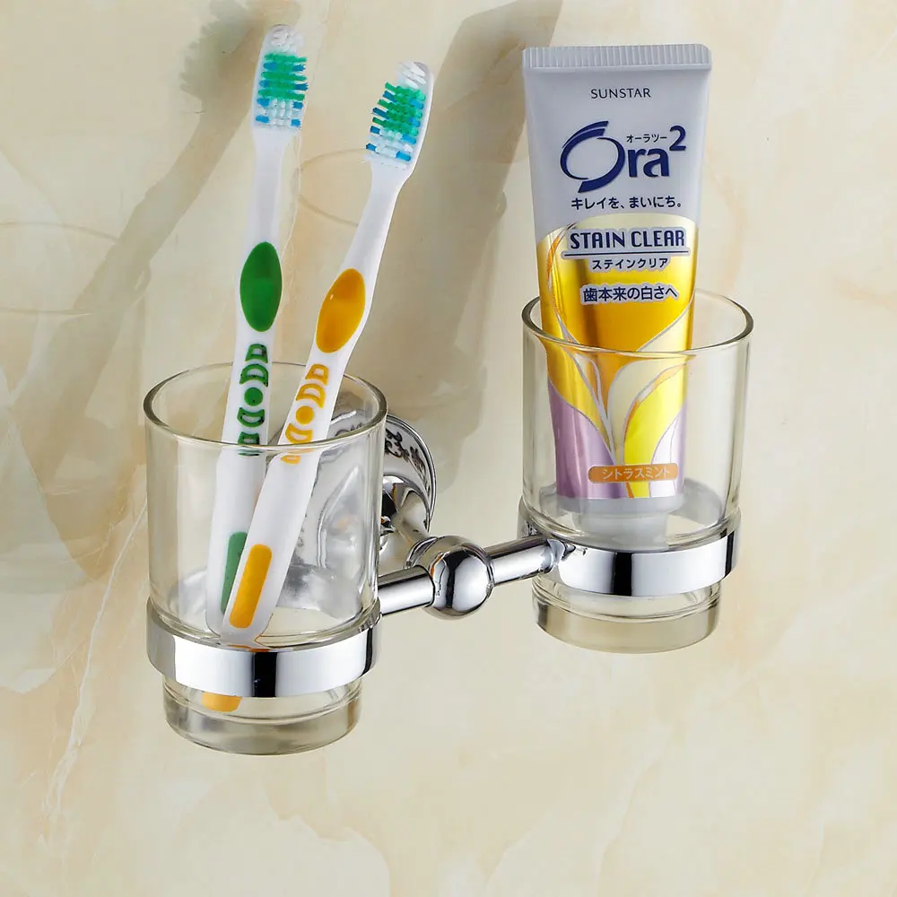 

Chromed Polished Porcelain Double Cup & Tumbler Holders Stainless Steel Toothbrush Cup Holder Bathroom Accessories 03DCH