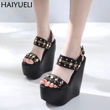 17cm Ultra Heels Gladiator Sandals Fashion Rivets High Heels Platform Wedges Shoes For Women Black High Heels With Buckle Sandal цена 17cm Ultra Heels Gladiator Sandals Fashion Rivets High Heels Platform Wedges Shoes For Women Black High Heels With Buckle Sandal цены онлайн