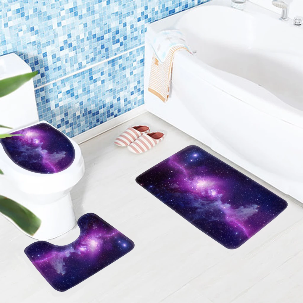 3pcs Bathroom Mat Set Galaxy Space Purple Star Sky Pattern Bath Rug Anti Slip Bath Mat Foam Soft