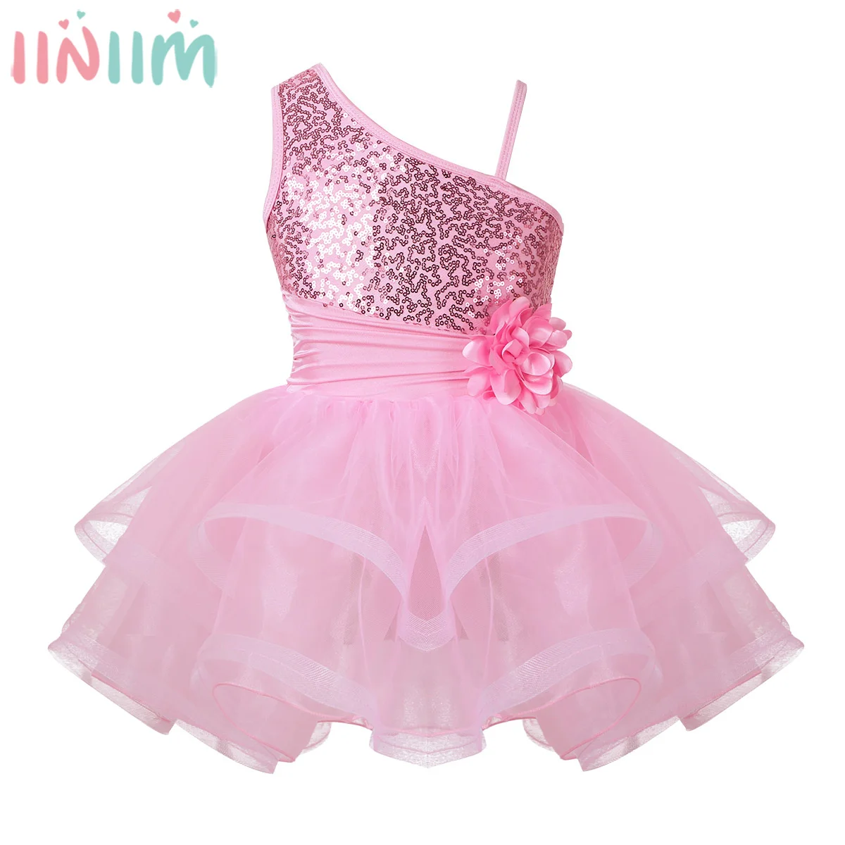 

iiniim Flower Girls Dress One-Shoulder Sequins Reflective Costumes Ballerina for Kids Ballet Dance Gymnastics Leotard Tutu Dress