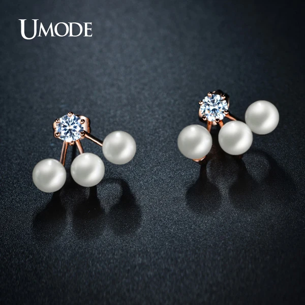 UMODE Cute Double Side Synthetic Pearl Stud Earrings With Jacket Fashion Brinco Rose Gold Color Jewelry for Women JE0255A