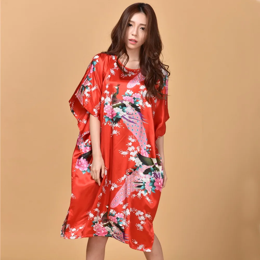 

Red Sexy Flower Women Silk Summer Nightdress Loose Soft Nightshirt Sleepwear Vintage Kimono Robe Night Gown Oversize 6XL A-076
