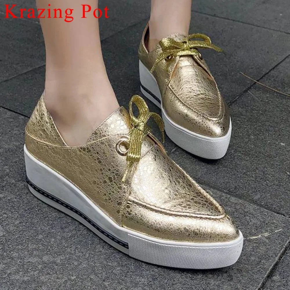 

Krazing Pot new arrival real cow leather pointed toe lace up loafers flat platform med bottom daily wear vulcanized shoes L10