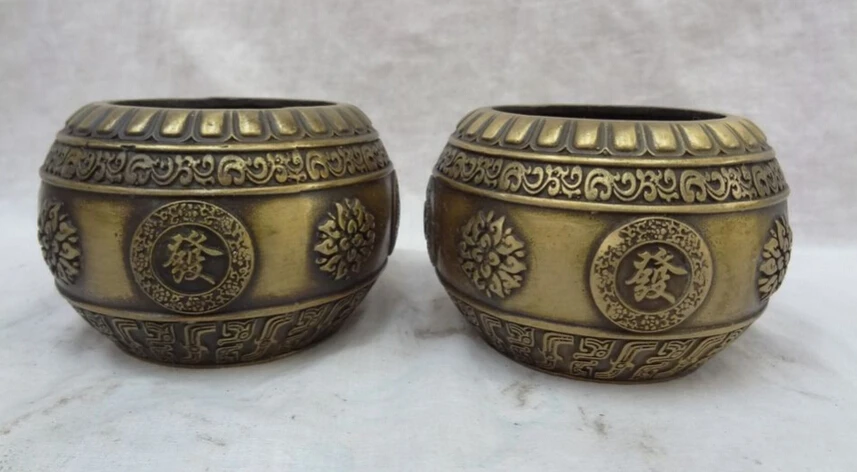 

JP S0114 China Bronze Cai Fu Fa Wang Flower Statue Tibet Bowl Incense Burenr Censer Pair