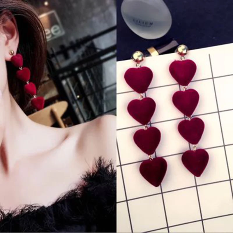 

Women's long simple heart-shaped plush ball drop earrings multi-color love earrings