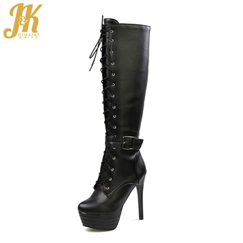 

Knee High Women Boots Zipper Motorcycle Boots Super High Heels Buckle Strap Shoes Platform Lace Up Boots Winter Big Size 34-45