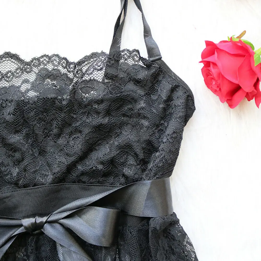 Пухленькие женщины плюс размер сексуальное женское белье с вырезом Черное Кружевное ночное белье с открытой спиной платье с лентой летняя ночная рубашка