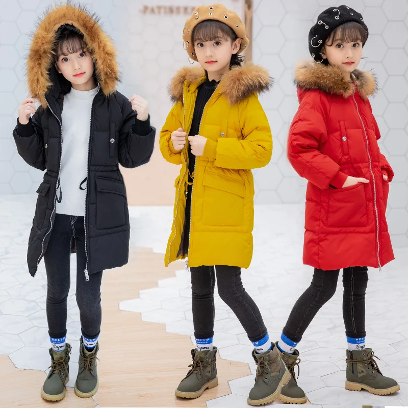 

Teenage Girls Coats With Fur Hoods 2018 Padded Jacket 5-12 Years Long Winter Coat for Girls Parka Warm Thicken Hooded Outerwear
