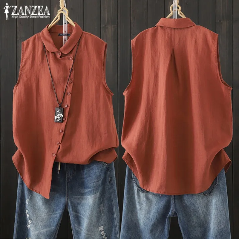 

Summer Tunic Women's Casual Blouse 2020 ZANZEA Vintage Blusa Asymmetrical Button Chemise Fashion Sleeveless Plus Size Tank Shirt