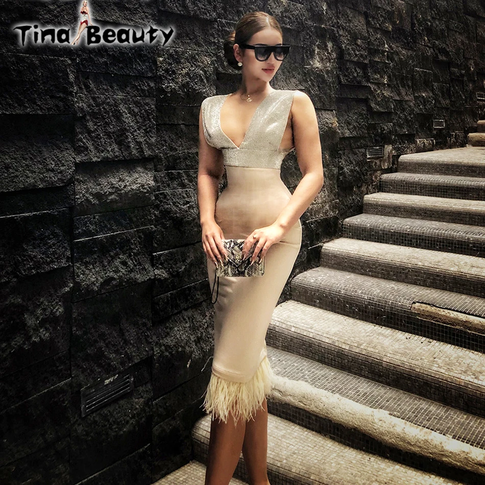 

Tina Beauty Evening Apricot Dresses Women 2019 New V Neck Party Prom Black Dress Luxurious Diamonds Feather Lady Formal Dresses