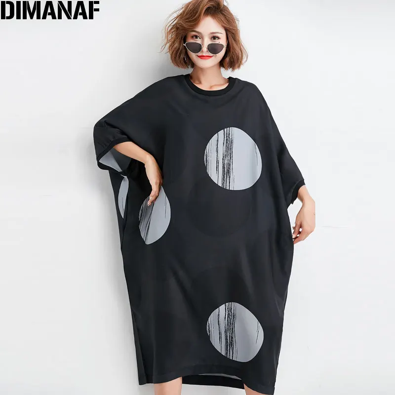 DIMANAF летнее женское платье большого размера, хлопковое Черное женское платье в горошек, европейская Повседневная мода, новое большое длинное платье свободного кроя 4XL - Цвет: tu7520