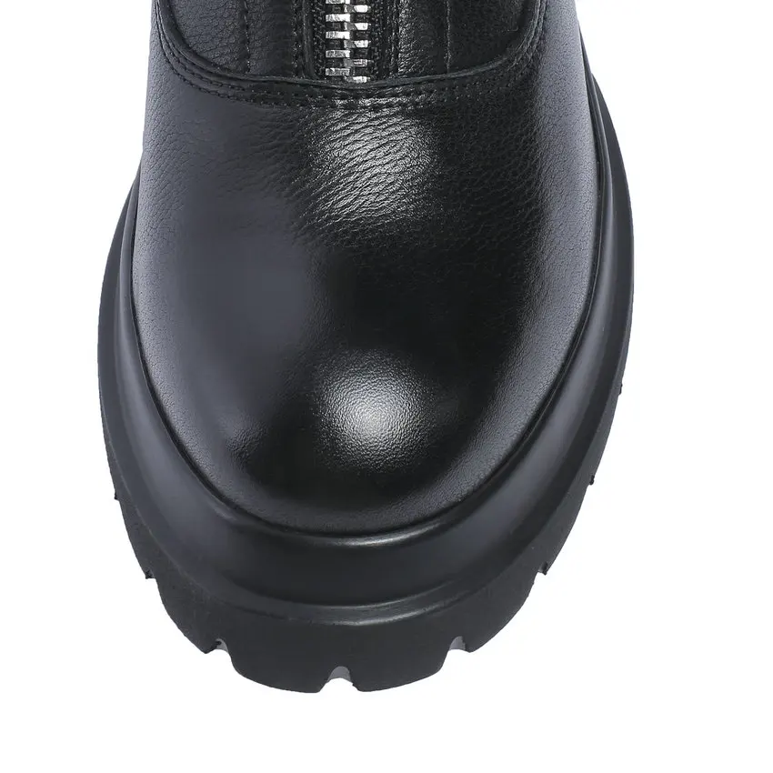 QUTAA 2020 Platform Square Middle Heel Mid Calf Boots Front Zipper Cow Leather Fashion Round Toe Antiskid Women Shoes Size 34-42