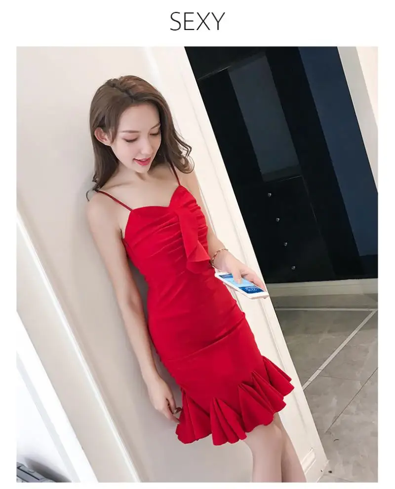 New 2018 Summer  Red Slim Dress  Women Formal Party Dress Women Sling  Sexy Bodycon Ruffles Fishtail Dress Free shipping