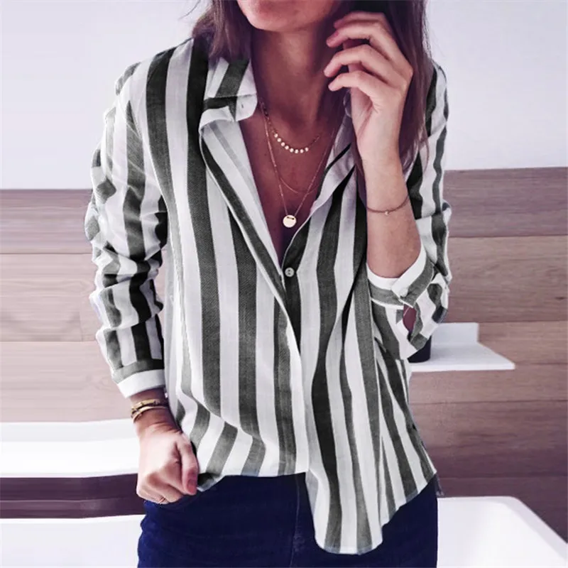 VZFF Blouse Women Office Casual Candy Color Striped Chiffon Shirt 2019 New Fashion Loose Long-Sleeved Lapel Women Shirt Top