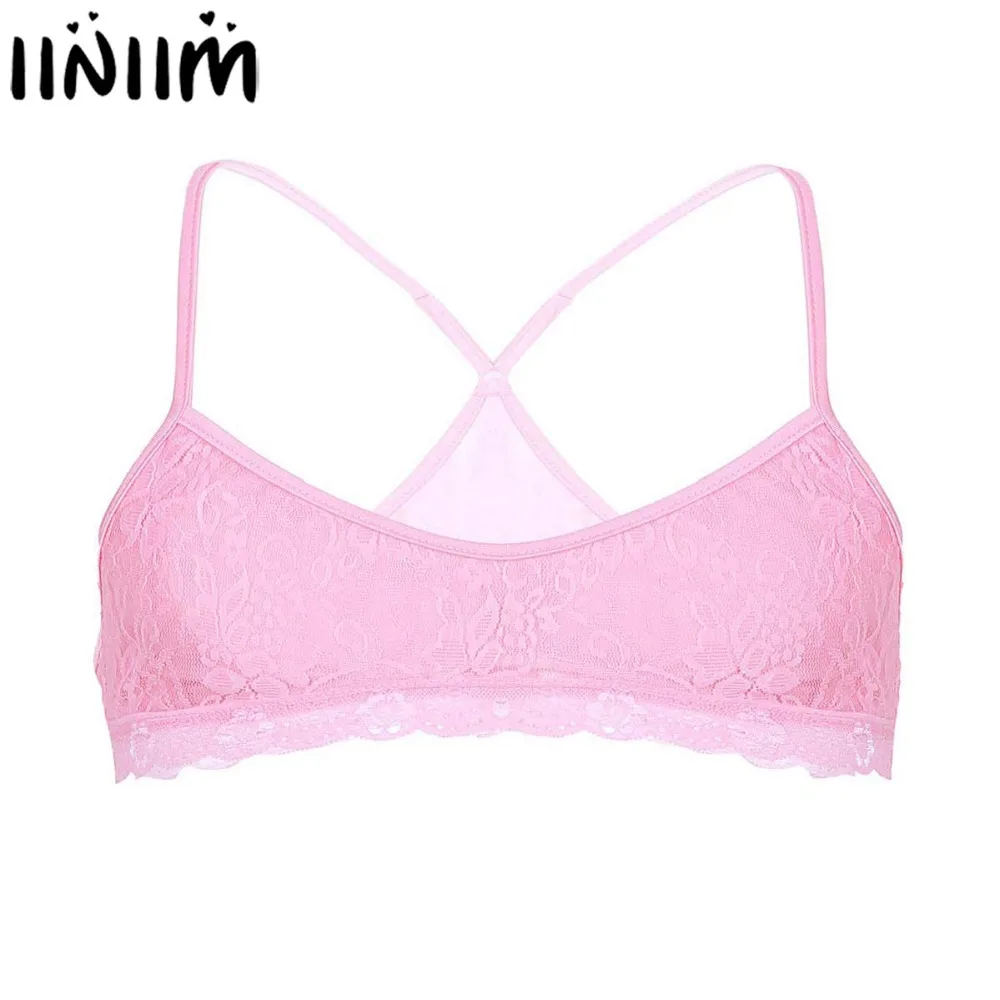 

iiniim Mens Sissy Lingerie Underwear Floral Lace Spaghetti Straps Wire-free No Padded Bra Tops Bralette Gay Sexy Tanks Nightwear