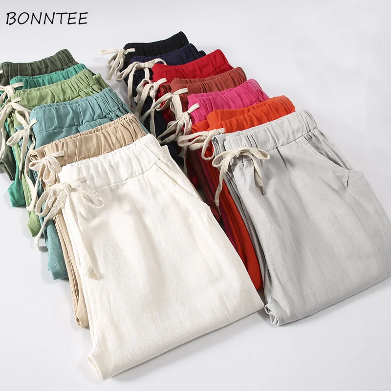 

Pants Women Ankle-Length Summer Breathable Trendy Loose Linen Pockets Korean Style Leisure Womens Drawstring Simple Ladies Chic