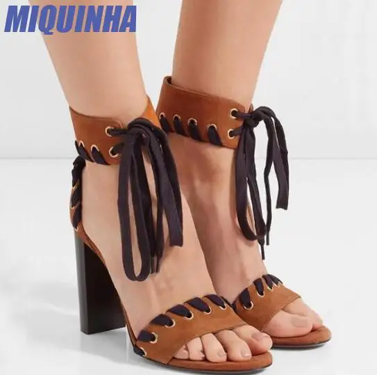 

MIQUINHA Fashion Brown Faux Suede Leather Women Open Toe Sandals Black Lace Up Ladies Chunky Heel Sandals Female Dress Shoes