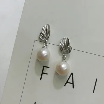 

HRina S925 Sterling Silver Leaves Plant Earrings Real Nautral Round White Freshwater Pearl Drop Earrings For Women Jewerly