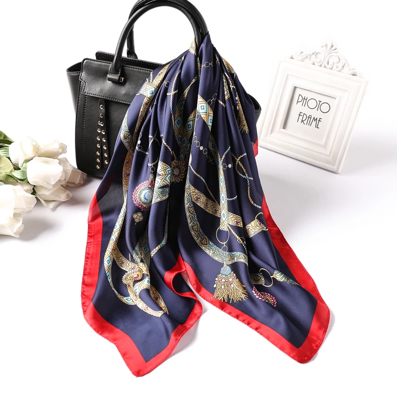 

Fashion 2019 Women Silk Scarf Foulard Square Lady Office Skinny Hair Neck Chain Print Handkerchief for Women's