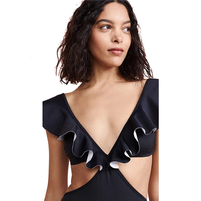 2019 Swimwear women Sexy high Cut One Piece Swimsuit Black Ruffle Monokini Backless Swim Suit Thong Bathing Suit Female  (1)