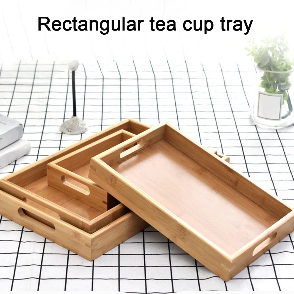 

Kitchen Simple Wooden Breakfast Dishes Tray Rectangular Tea Water Cocktails Drink Serving Tray Storage with Handle 3 Size