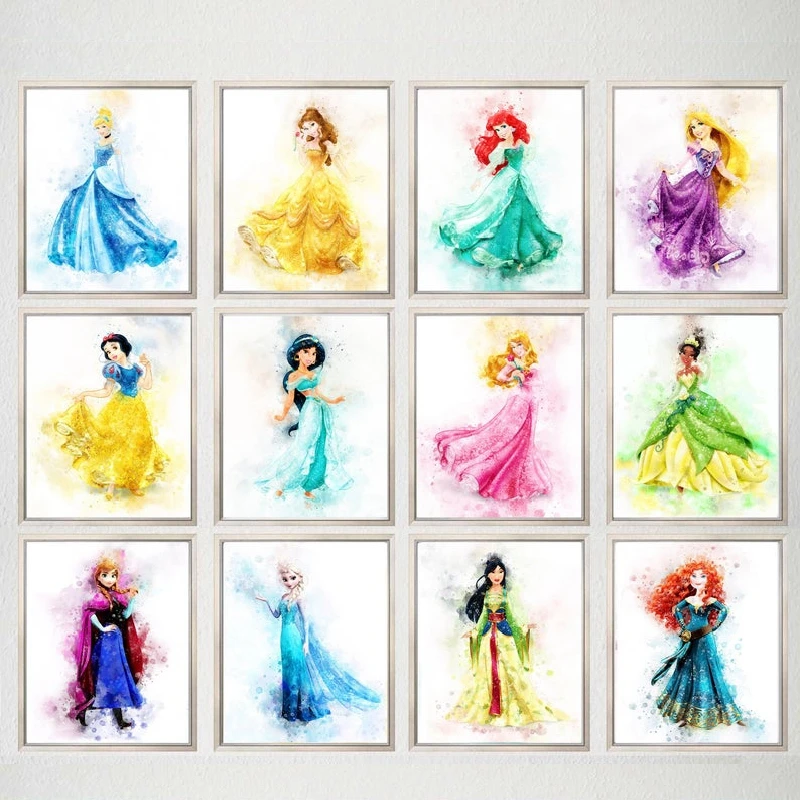 Watercolor Princess Canvas Painting Girls Room Wall Decor