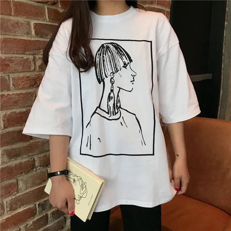 

Character print oversized summer women long t shirt Half loose clothes 2019 korean fashion harajuku funny tops new holographic