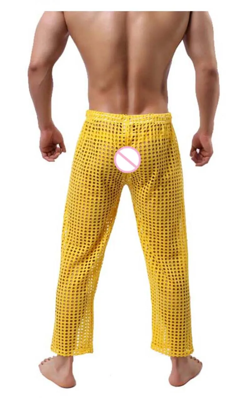 Мужские сексуальные прозрачные штаны для отдыха, брендовые модные Новые товары, ажурные прозрачные длинные пижамные штаны