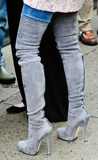 

Fashion Women Simply Suede Grey Stiletto Heels Thigh High Boots Concise Design Round Toe Back Zip Long Boots Celebrities in Same