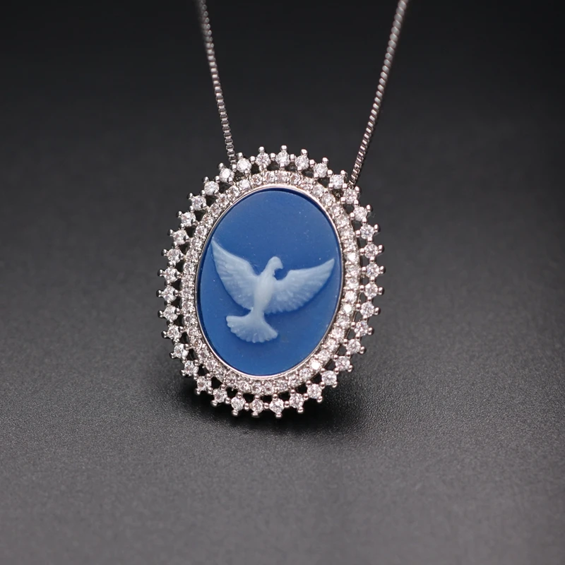 

New Style Blue Shell Pendant Necklace For Women Gifts Cubic Zirconia Oval Charm Dove Pendant Silver Colour Chain Fashion Jewelry