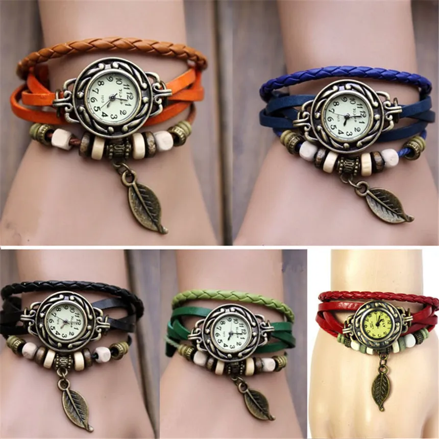 

2017 New Womens Bracelet Weave Wrap Quartz Leather Leaf Beads Wrist Watches relogio feminino #5.24