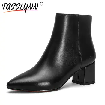 

TASSLYNN 2019 Women Boots Pointed Toe Autumn Woman Shoes Solid Ankle Boots Zipper Convenient Square High Heels Shoes Size 34-43