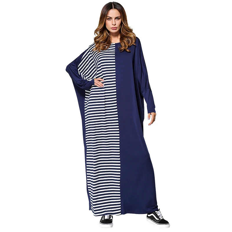 Casual Muslim Abaya Stripe Maxi Dress Bat Sleeve Loose Style Kimono ...