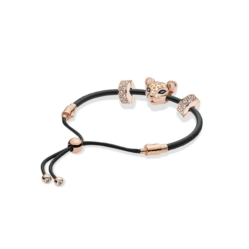 

Summer 925 Sterling Silver Bead Charm Rope Fit Original Branded Rose Black Leather Sliding Pandora Bracelet Women DIY Jewelry