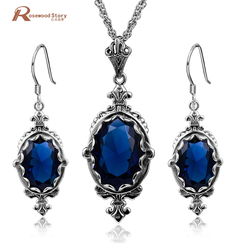 

Romantic Jewelry 925 Sterling Silver Sets Created Sapphire Stone Vintage Wedding Accessories Party Pendant Earring Body Jewelry