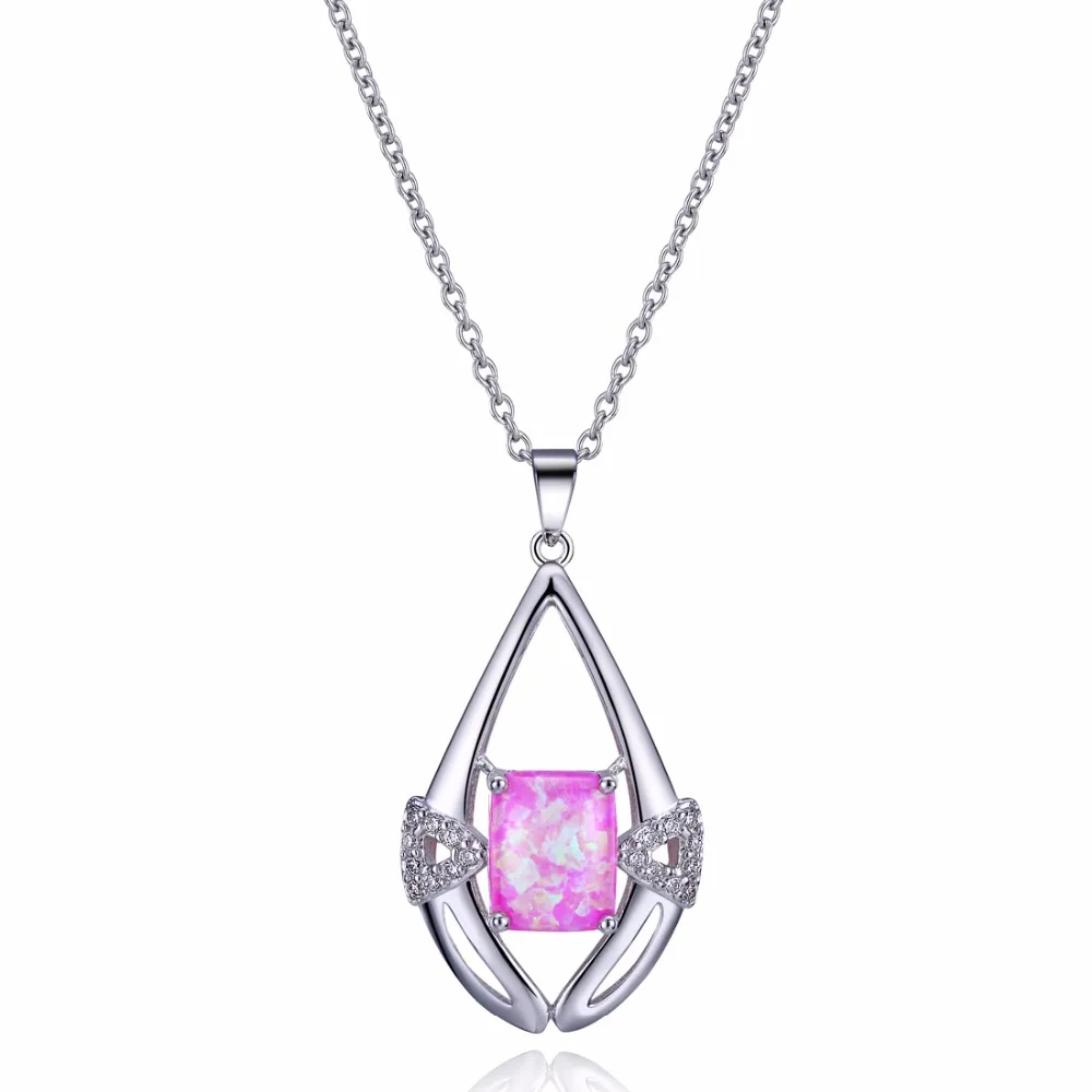 

High Polished Silver Color Choker Charm Design Pink Opal Stone Pendant Necklace For Women Party&Birthday Jewelry Engagement